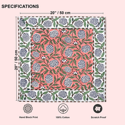 Patterned fabric with dimensions and product features on a pink background
