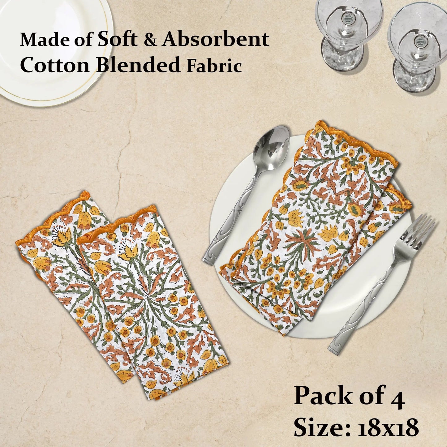 Floral patterned napkins on a beige background with text about material and size.