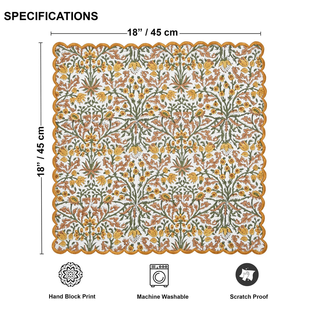 Decorative mat with floral pattern, dimensions, and features on a white background