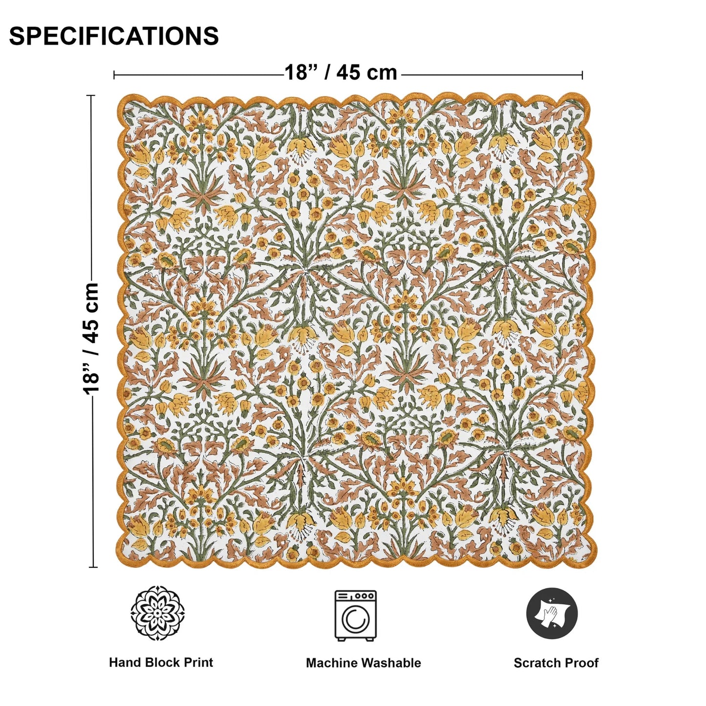 Decorative mat with floral pattern, dimensions, and features on a white background