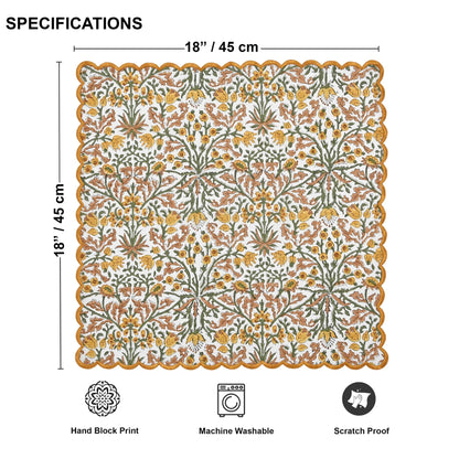 Decorative mat with floral pattern, dimensions, and features on a white background