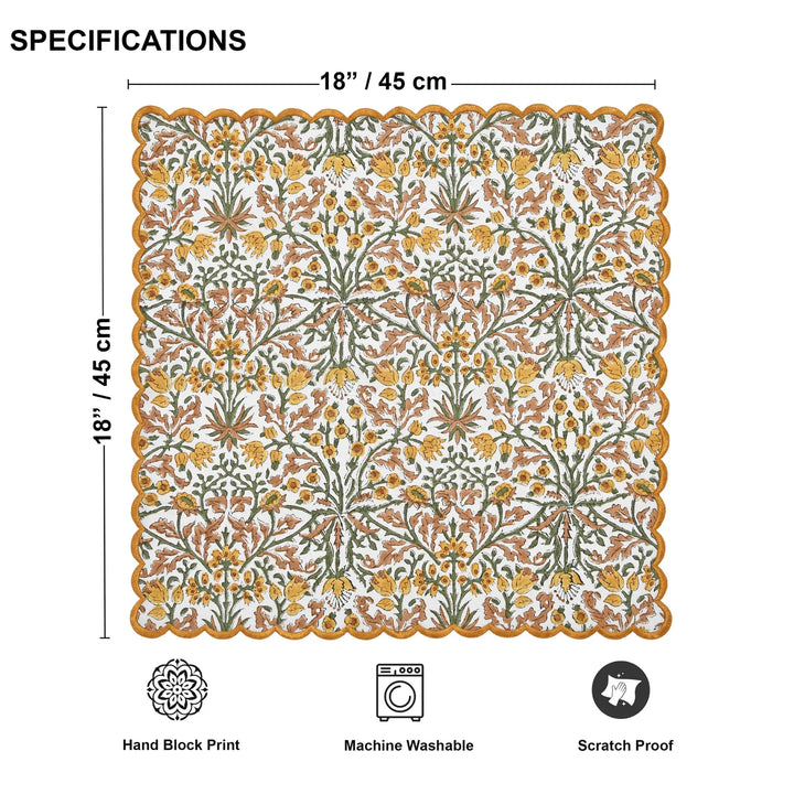 Decorative mat with floral pattern, dimensions, and features on a white background