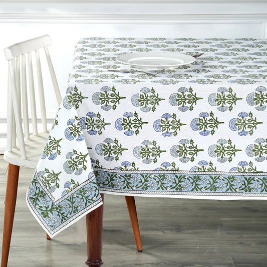 Tablecloth with floral pattern on a wooden table and chair
