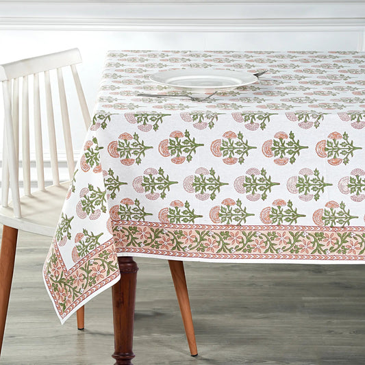 Tablecloth with floral pattern on a wooden table and chair