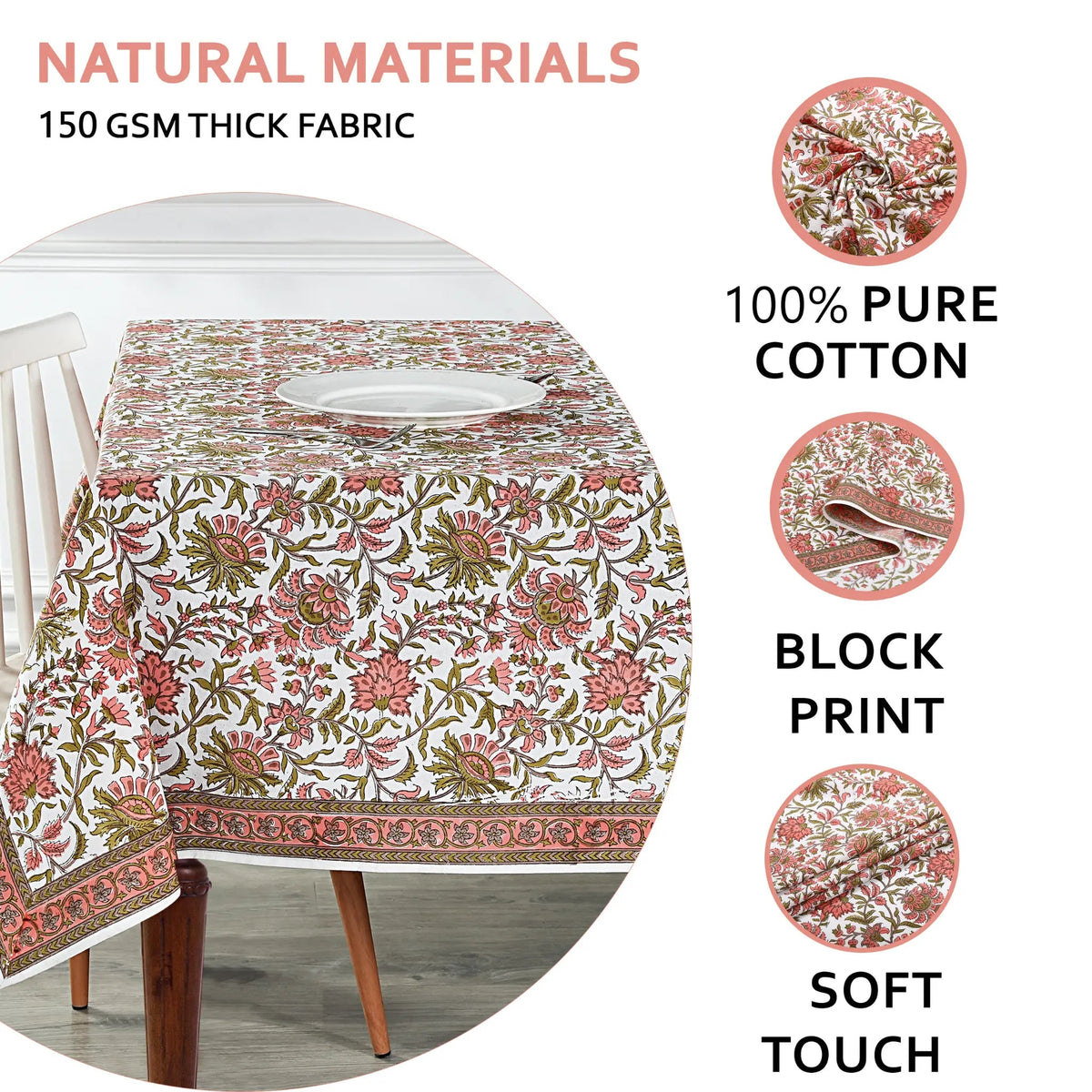 Floral patterned tablecloth on a table with text highlighting natural materials and fabric details.