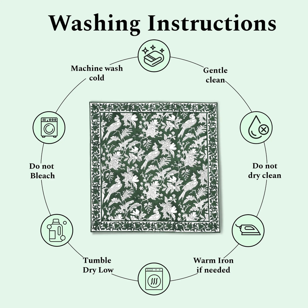 Washing instructions for a fabric product with icons and text on a light green background.