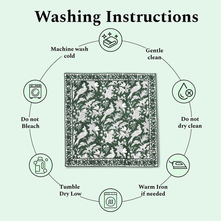 Washing instructions for a fabric product with icons and text on a light green background.