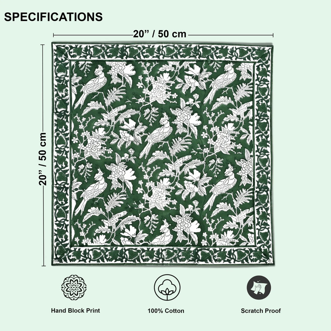Patterned fabric with measurements and product features on a green background
