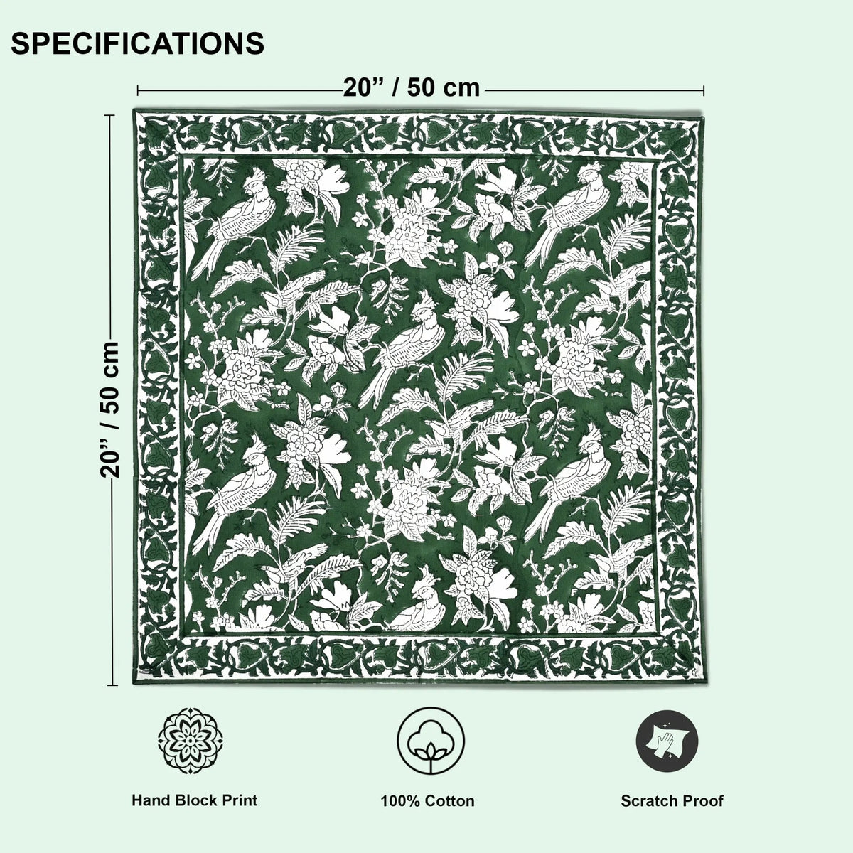 Patterned fabric with measurements and product features on a green background