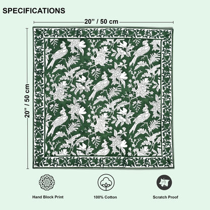 Patterned fabric with measurements and product features on a green background