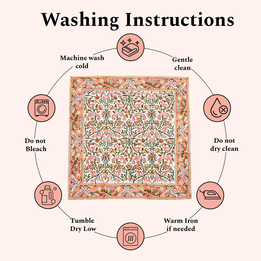 Washing instructions for a fabric product with icons and text on a white background