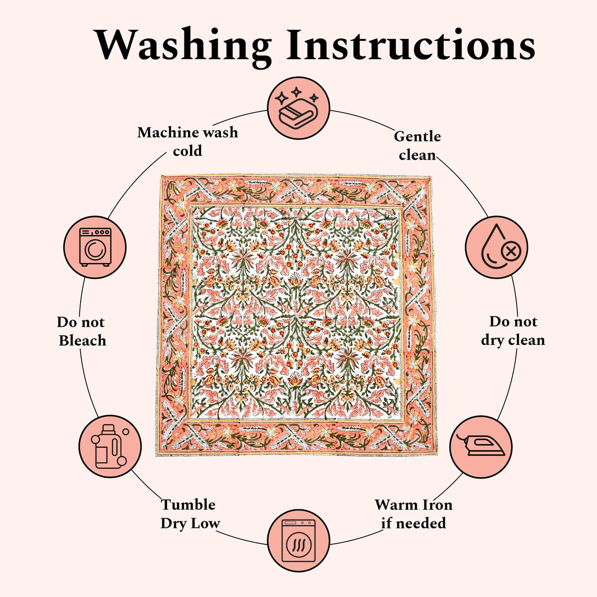 Washing instructions for a fabric product with icons and text on a white background