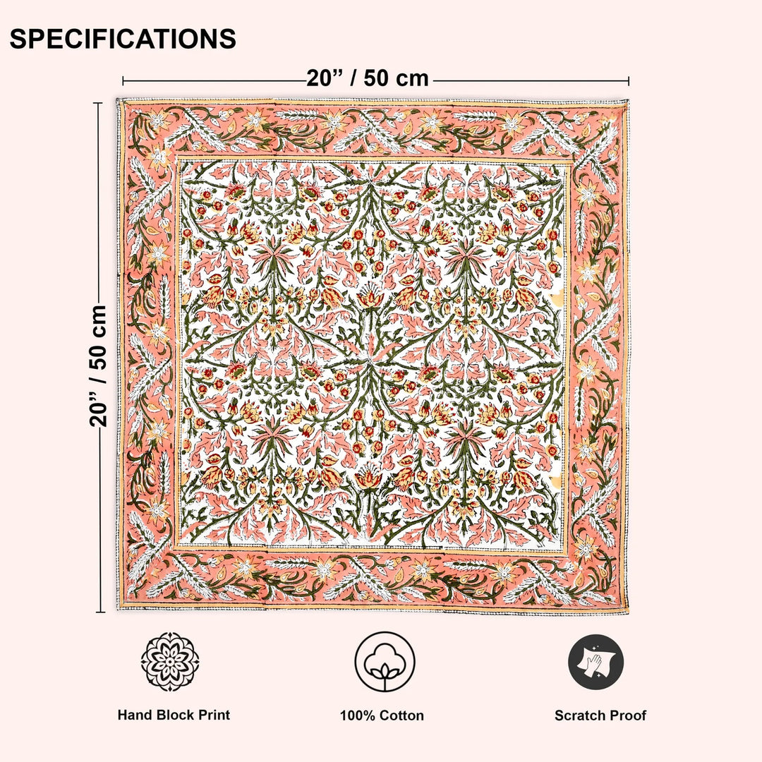 Decorative rug with floral pattern and dimensions, featuring hand block print, 100% cotton, and scratch proof properties.