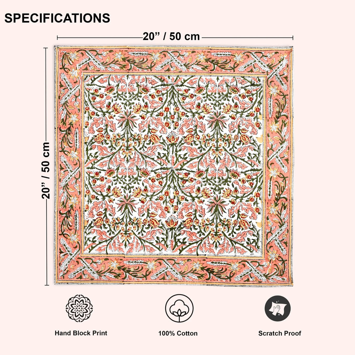 Decorative rug with floral pattern and dimensions, featuring hand block print, 100% cotton, and scratch proof properties.