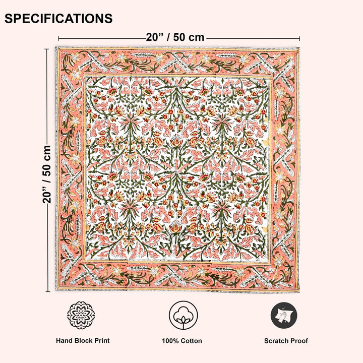 Decorative rug with floral pattern and dimensions, featuring hand block print, 100% cotton, and scratch proof properties.