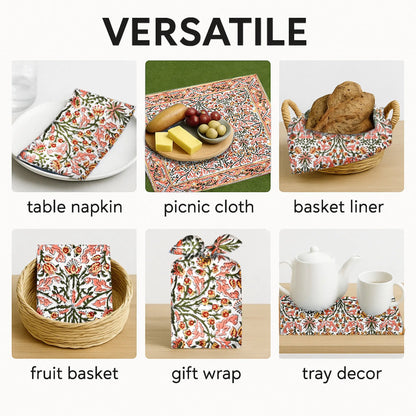 Versatile use of a floral tablecloth including table napkin, picnic cloth, basket liner, fruit basket, gift wrap, and tray decor.