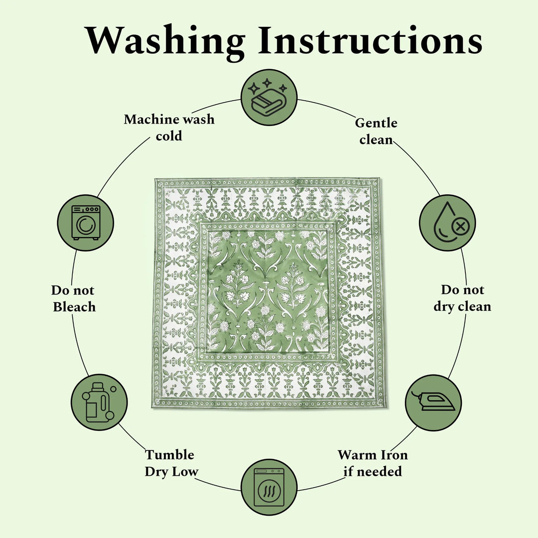 Washing instructions for a fabric product on a green background
