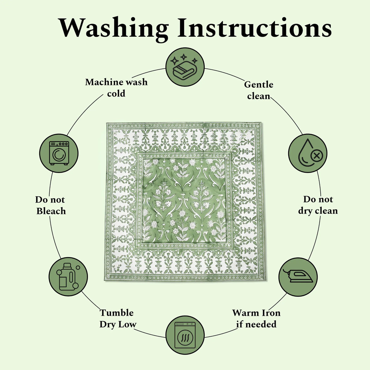 Washing instructions for a fabric product on a green background