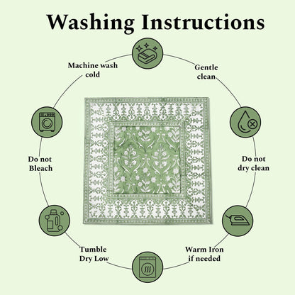 Washing instructions for a fabric product on a green background