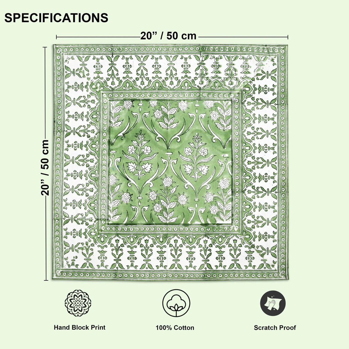 Decorative green and white patterned fabric with measurements and product details on a light green background