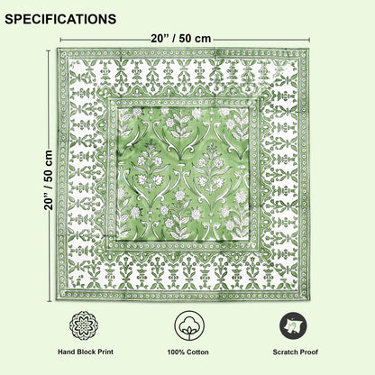 Decorative green and white patterned fabric with measurements and product details on a light green background