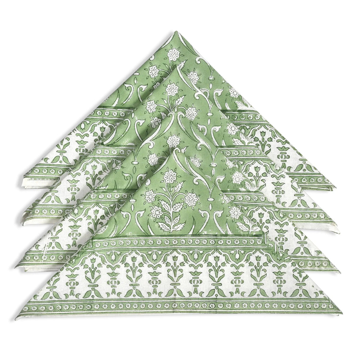 Stack of green patterned napkins on a white background