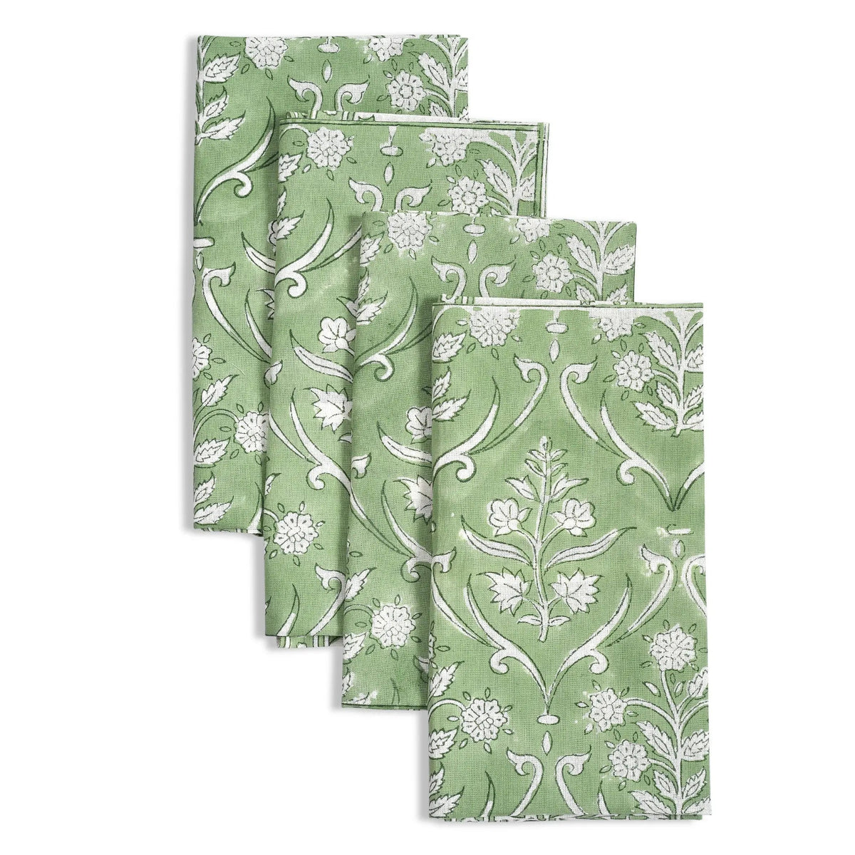 Set of four green floral patterned napkins on a white background