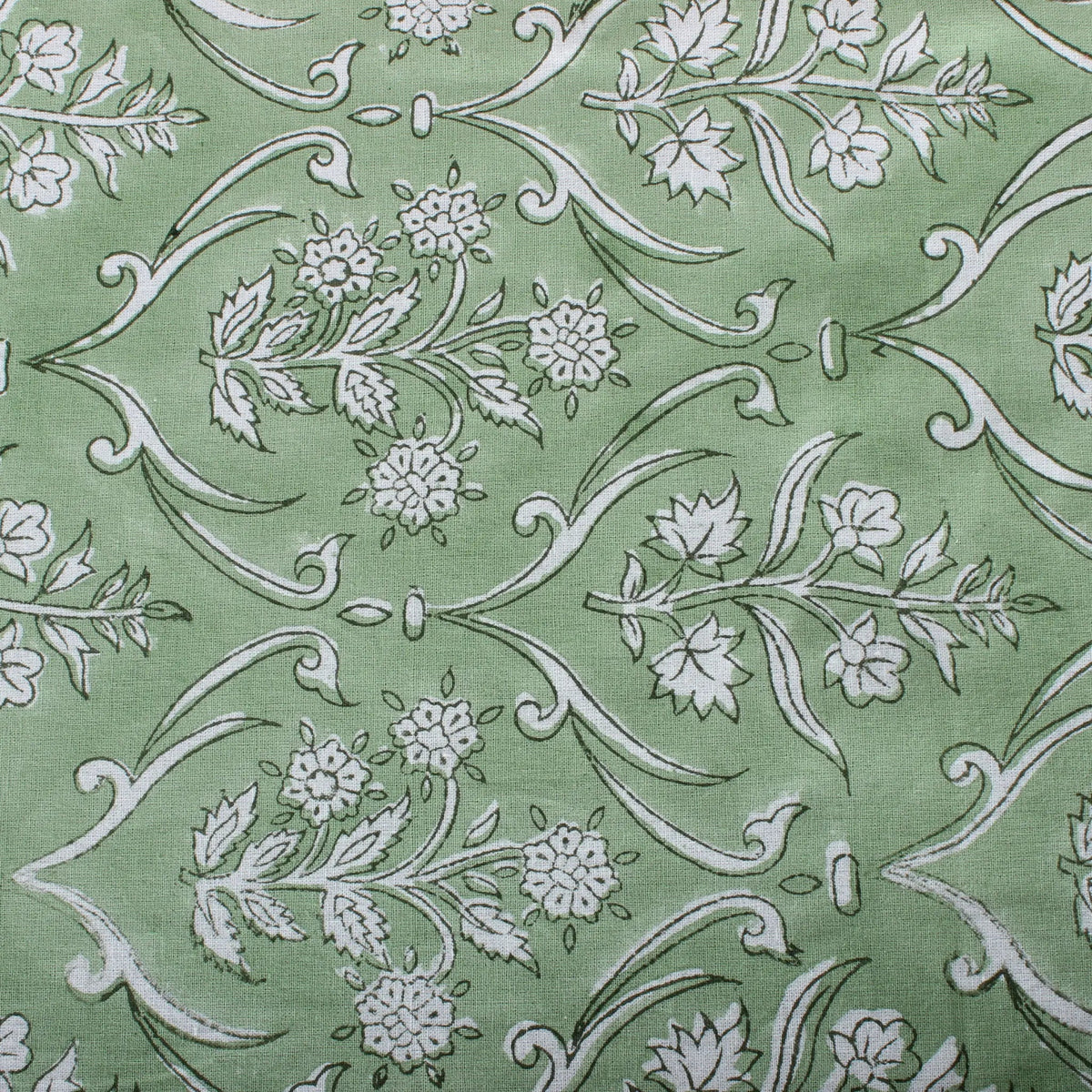 Green fabric with white floral and leaf pattern