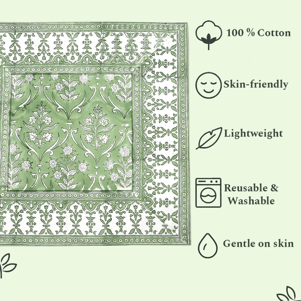 Green patterned fabric with text highlighting features like '100% Cotton', 'Skin-friendly', 'Lightweight', 'Reusable & Washable', and 'Gentle on skin'.