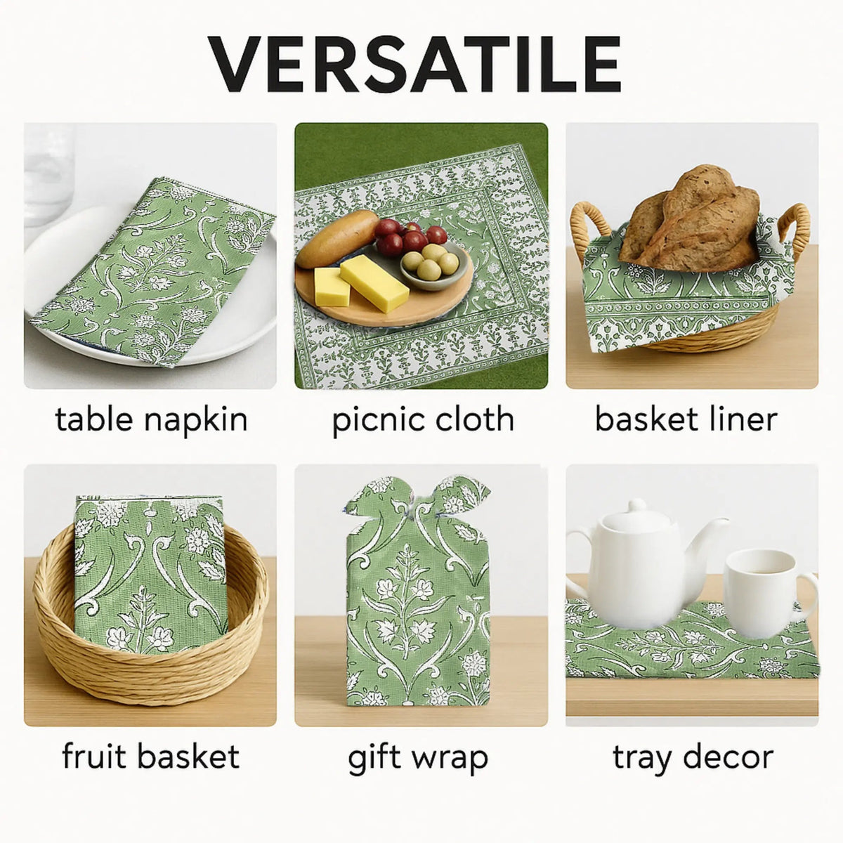 Green patterned table napkin used as a tablecloth, basket liner, fruit basket, gift wrap, and tray decor.