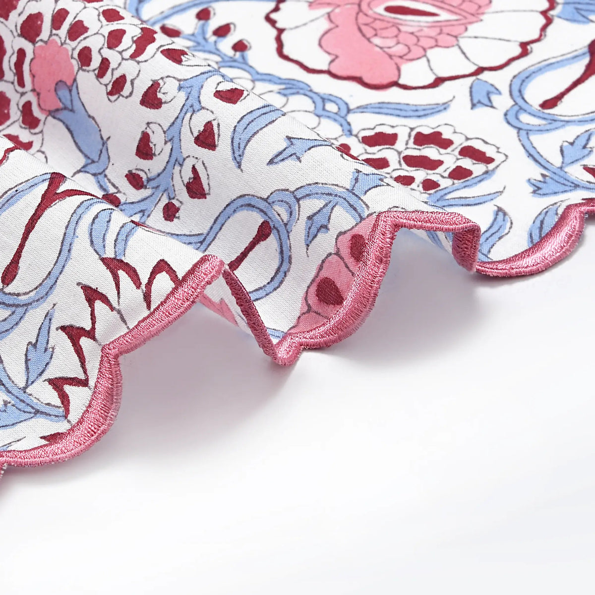 Close-up of a floral fabric with pink, red, and blue patterns on a white background