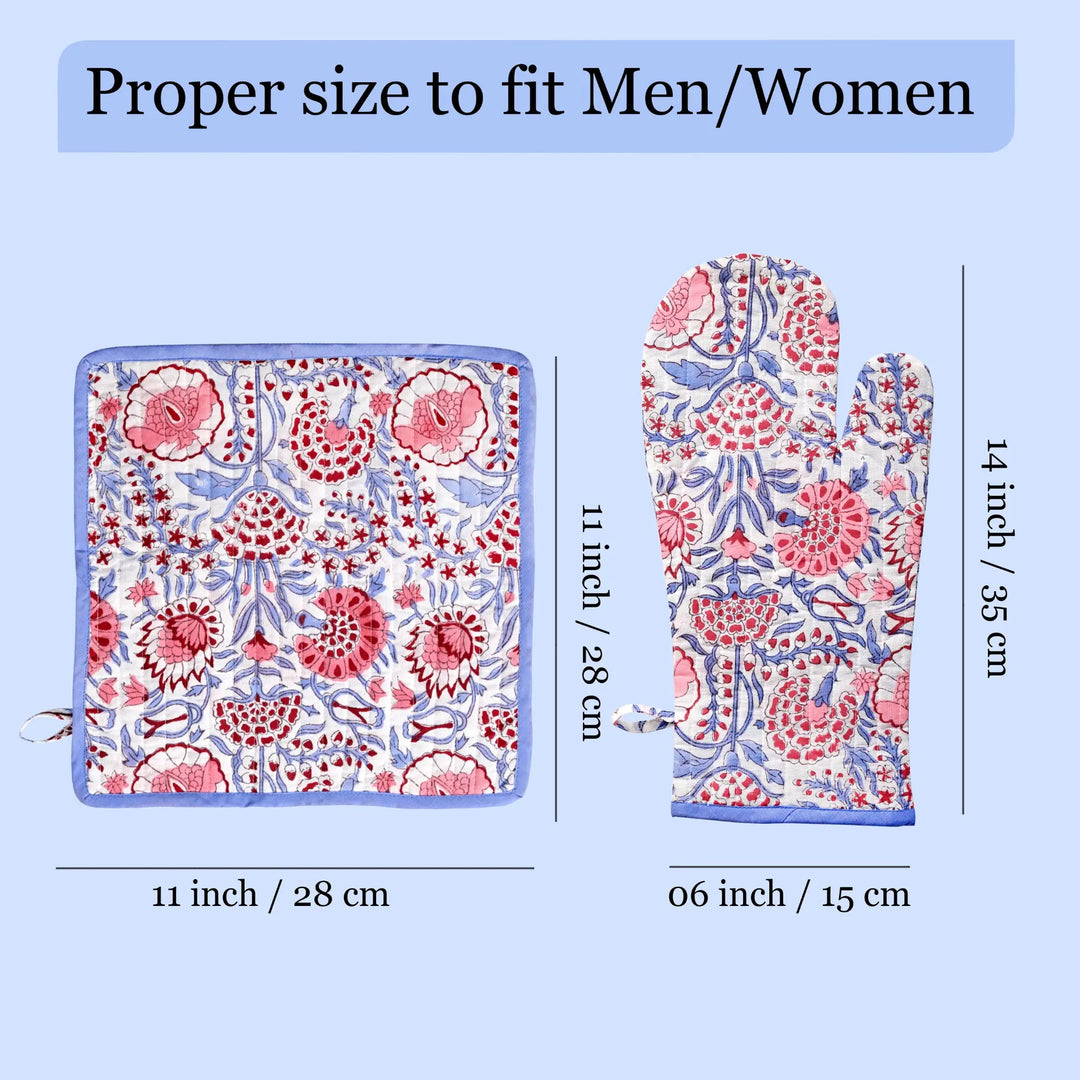 Floral-patterned pot holder and oven mitt with size measurements on a light blue background