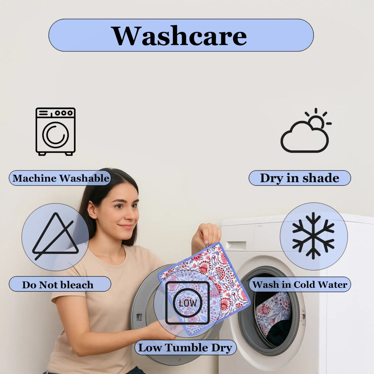 Woman holding a garment with washing instructions displayed around her.