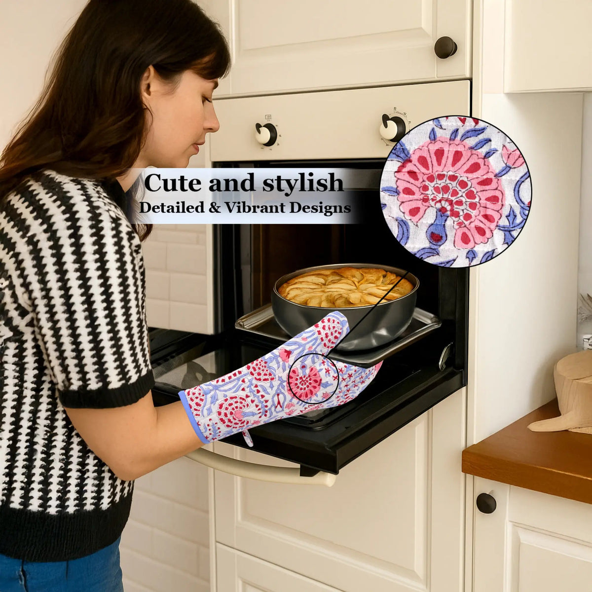 Woman wearing a colorful oven mitt while cooking, with an inset showing the design of the mitt.