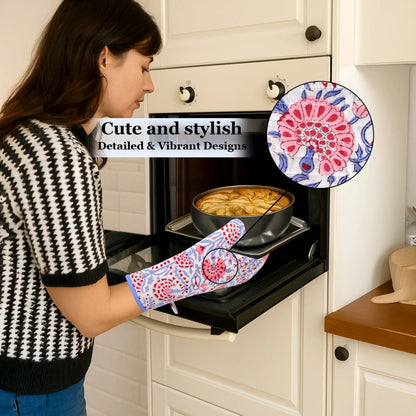 Woman wearing a colorful oven mitt while cooking, with an inset showing the design of the mitt.