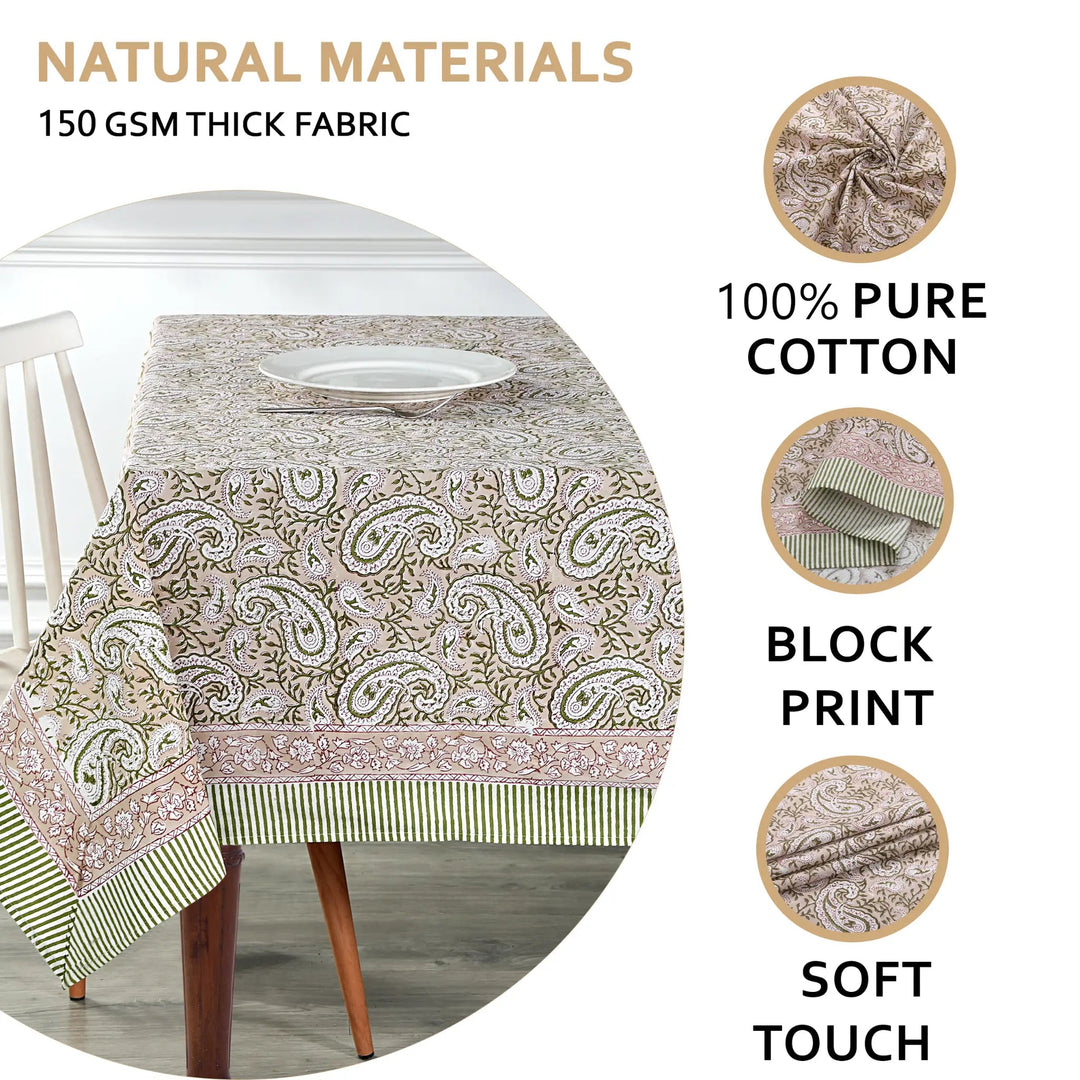 Tablecloth with paisley pattern on a table, featuring text about natural materials and fabric details.