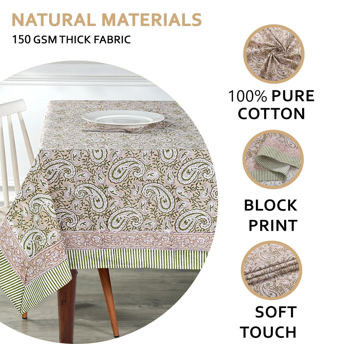 Tablecloth with paisley pattern on a table, featuring text about natural materials and fabric details.