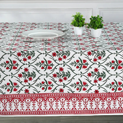 Decorative tablecloth with floral pattern on a table