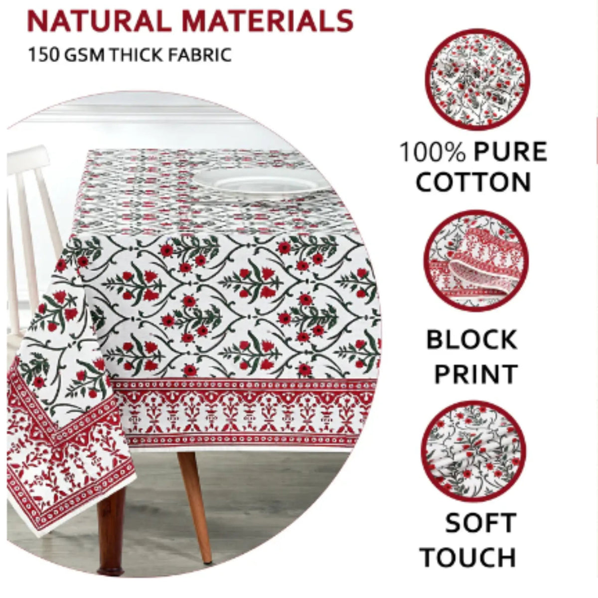 Tablecloth with floral pattern on a chair, featuring text about natural materials and fabric properties.