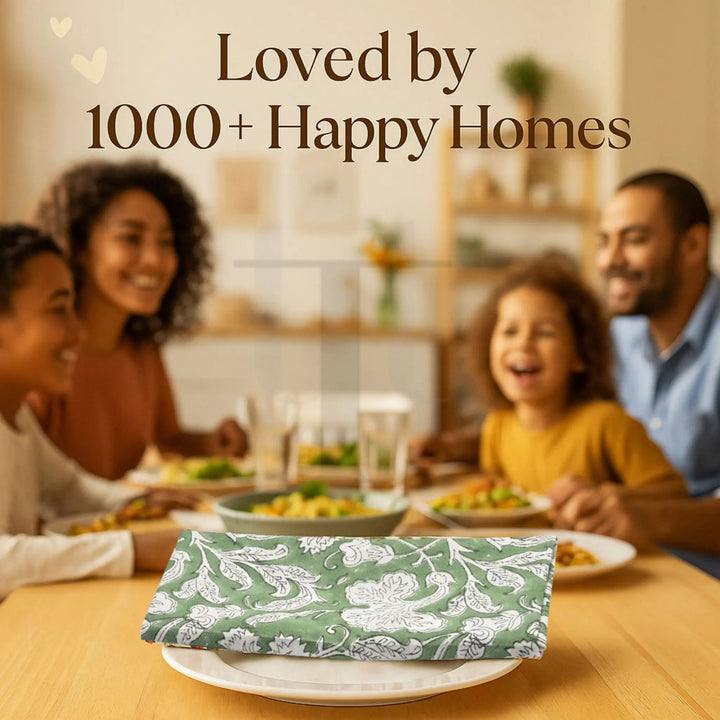 Family enjoying a meal together with a floral napkin on a table, text &