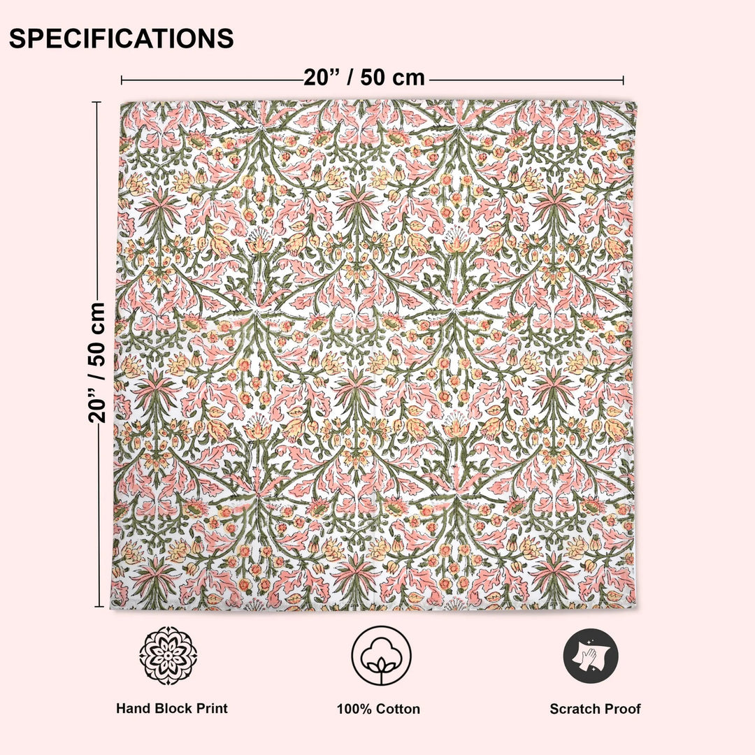 Floral patterned fabric with dimensions and certification icons on a pink background