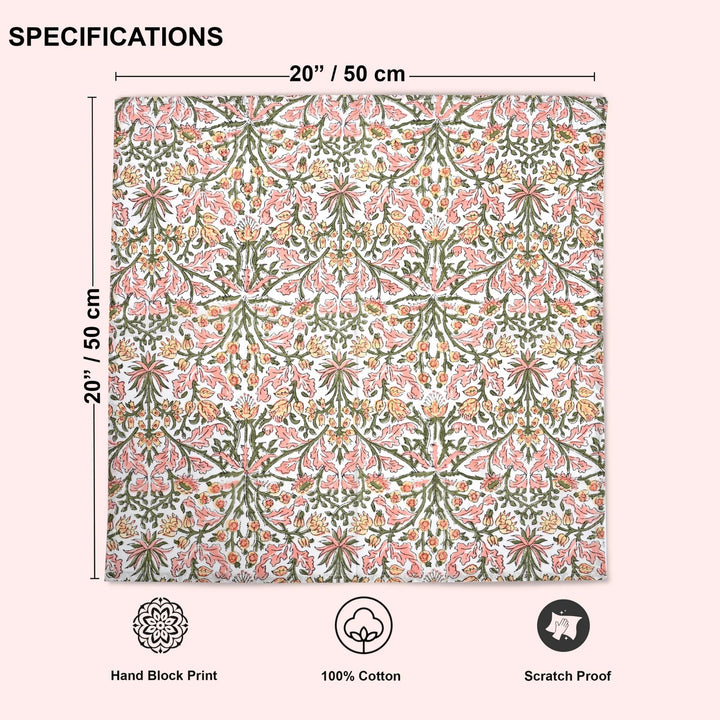 Floral patterned fabric with dimensions and certification icons on a pink background