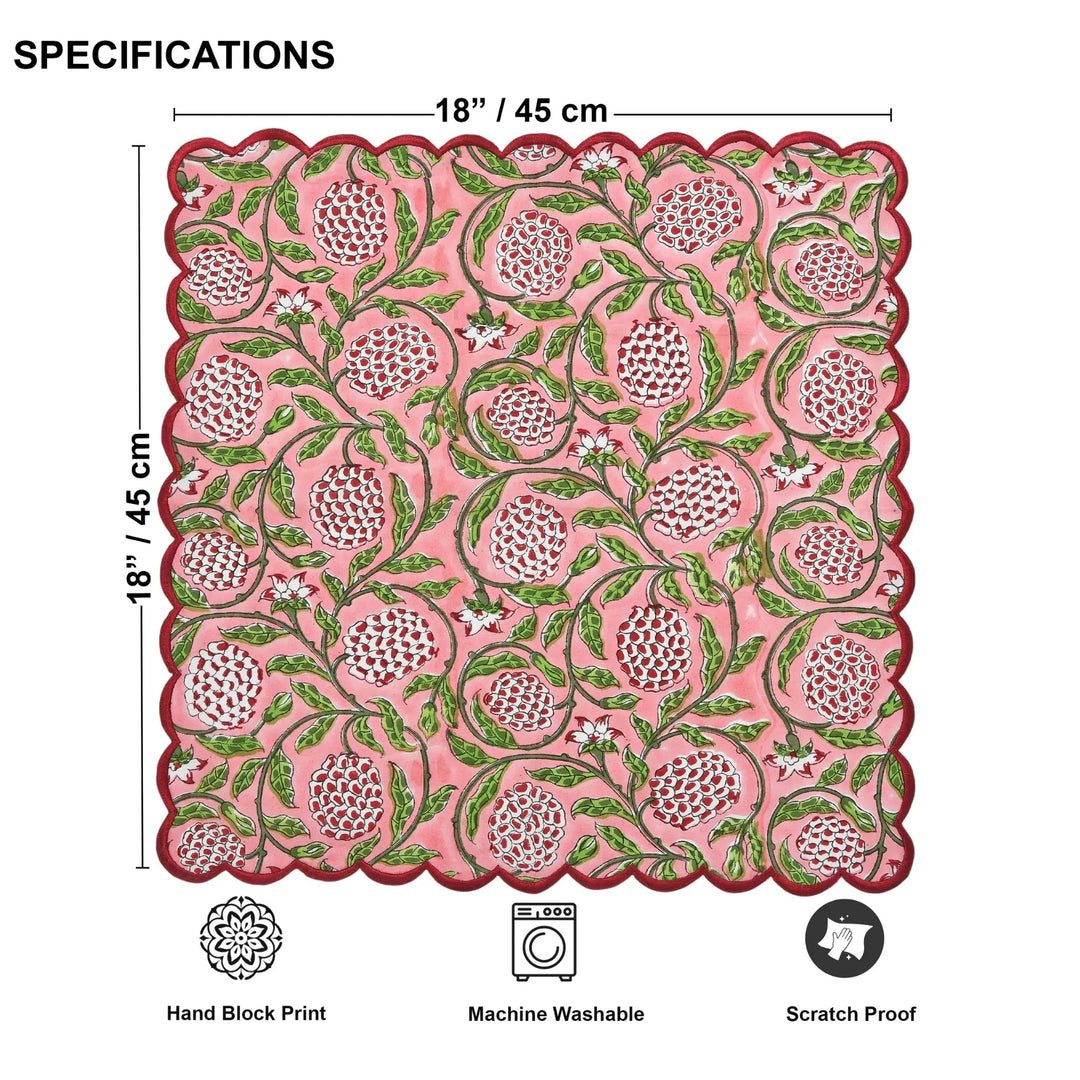Decorative pink mat with pomegranate pattern and measurements on a white background
