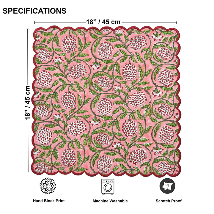 Decorative pink mat with pomegranate pattern and measurements on a white background