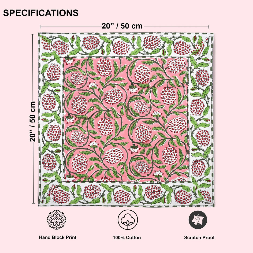Patterned fabric with dimensions and product details on a pink background