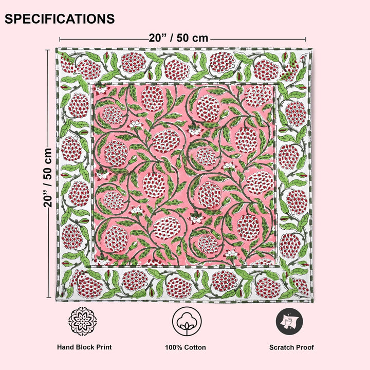 Patterned fabric with dimensions and product details on a pink background