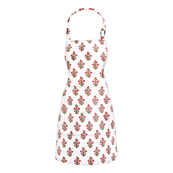 White dress with red floral pattern on a white background