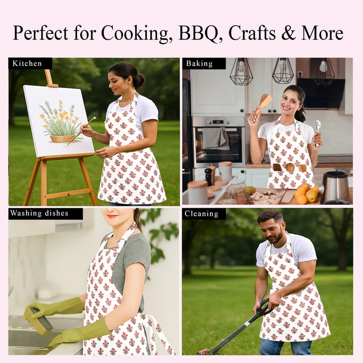 Collage of people wearing aprons in various activities with text &