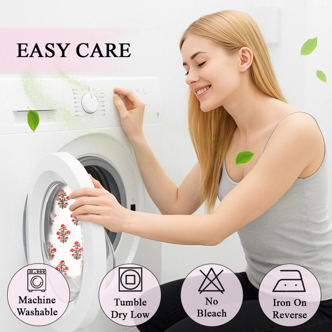 Woman interacting with a washing machine with &