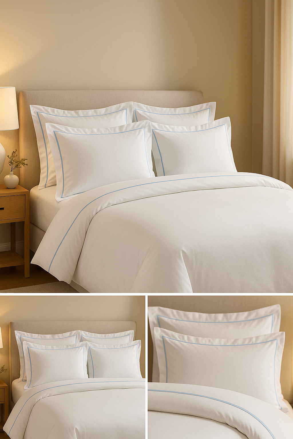 500 Thread Count White Cotton Percale Hotel Stitch Duvet Cover Set in Double Straight Piping 1 Duvet Cover 2 Pillow Sham Cover